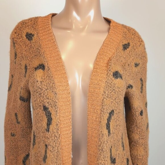 Woven Heart Open Longline Cardigan Sweater Fuzzy Leopard Print Winter Knit - Picture 2 of 11